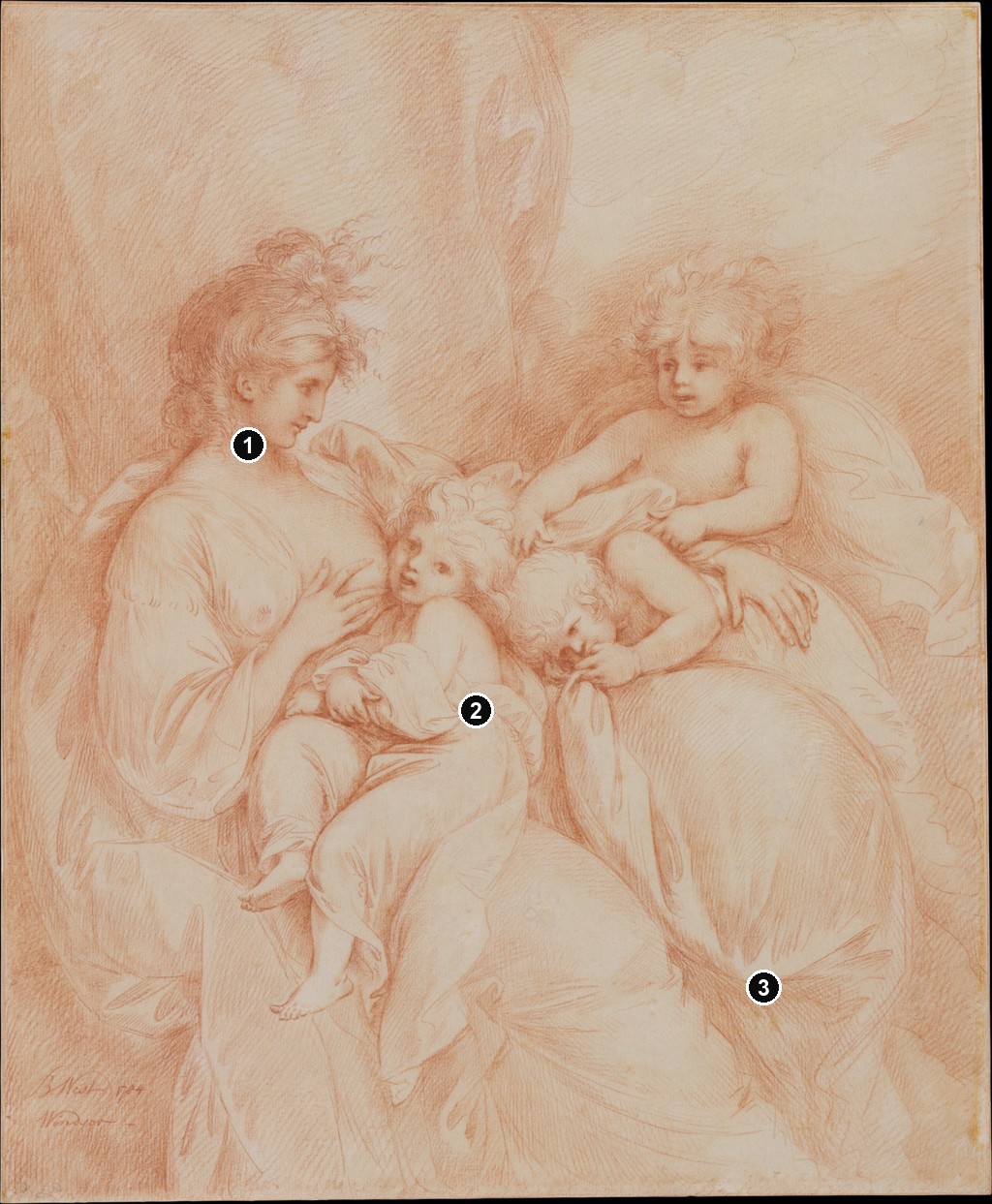 Annotated details from Maternity in Red Chalk by Benjamin West, Maternity, 1784